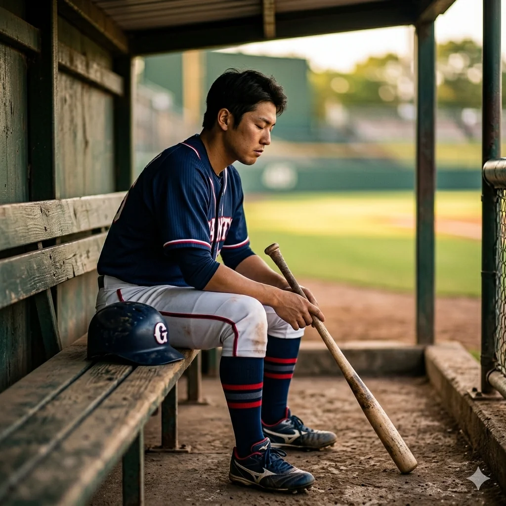 Player focused in dugout before at-bat