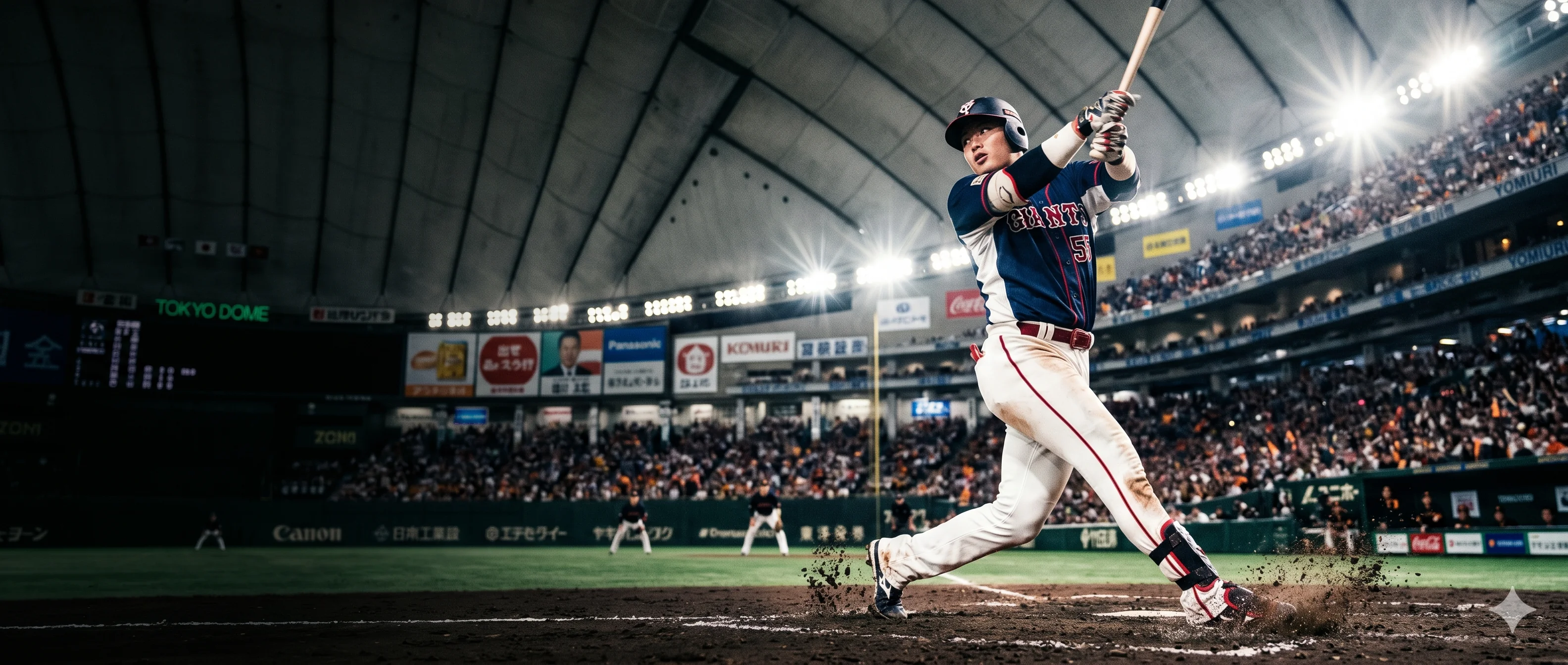 Baseball player swinging in the spotlight