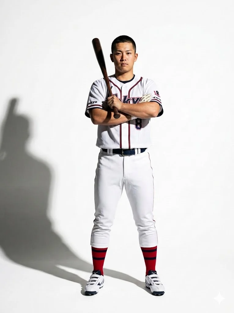 Baseball player standing confident with bat